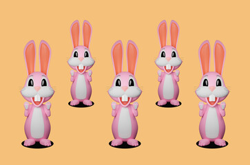 Group of pink rabbits on yellow background. 3D model of a pink funny rabbit