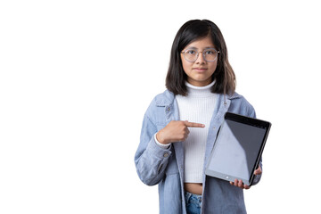 portrait of Mexican young girl holding woman showing message on tablet