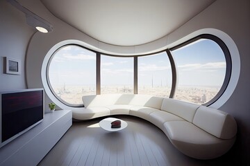 In the living room of this sleek, modern spaceship, a large window takes up an entire wall, offering stunning views. The furniture is simple yet refined, with clean lines and metal finishes. Generativ