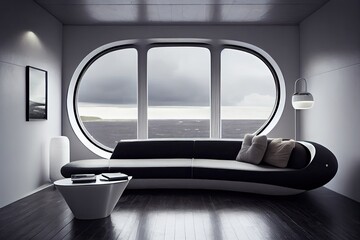 In the living room of this sleek, modern spaceship, a large window takes up an entire wall, offering stunning views. The furniture is simple yet refined, with clean lines and metal finishes. Generativ