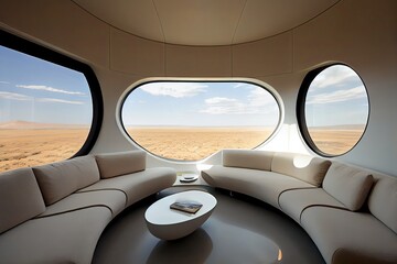 In the living room of this sleek, modern spaceship, a large window takes up an entire wall, offering stunning views. The furniture is simple yet refined, with clean lines and metal finishes. Generativ