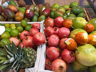 Panoramic food background with assortment of ripe, fresh and organic fruits for balanced diet. Healthy food concept