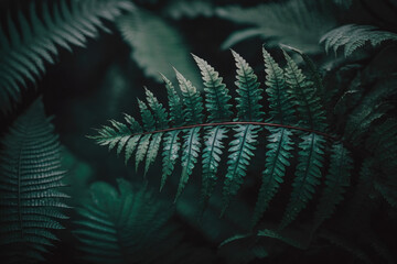 Tropical dark green fern leaf in forest. Illustration Generative AI