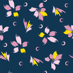 Fototapeta premium Hand-drawn seamless pattern with floral print. Abstract pink and yellow flowers with grunge effect on dark blue background. Vector pattern for printing on fabric, gift wrapping, covers