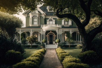 Obraz premium beautiful classic house green landscape design. Illustration Generative AI