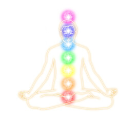 Golden outline diagram of male in seated lotus position meditating with centrally positioned seven chakra energy centres transparent png file