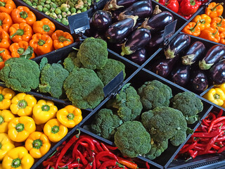 Panoramic food background with assortment of ripe, fresh and organic vegetables for balanced diet. Healthy food concept