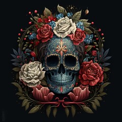 Mexican style sugar skull and with red roses on dark background Generative AI