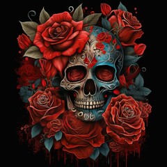 Mexican style sugar skull and with red roses on dark background Generative AI