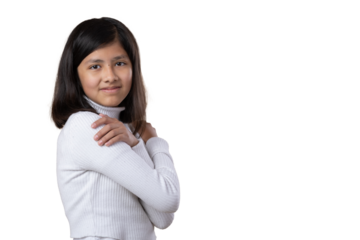 Mexican girl hugging herself, self love concept