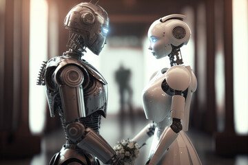 Feelings and senses in artificial intelligence concept with wedding of two robots. Created with Generative AI technology.