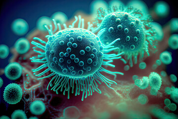 Macro shot of virus cells on abstract background. Pandemic infection concept. Created with Generative AI