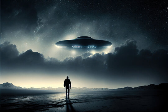 Flying saucer flies at night in sky oversilhouette of man standing in field. Invasion of extraterrestrial intelligence on an intergalactic ship. Alien abduction. Created with Generative AI