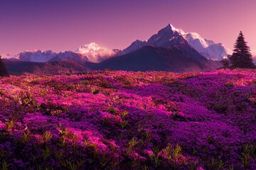 Fototapeta na wymiar Rhododendron flowers covered mountains meadow in summer time. Purple sunrise light glowing on snowy peaks on background. Landscape photography. Generative AI