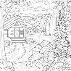 House near waterfall and mountains.Coloring book antistress for children and adults. Zen-tangle style. Hand draw