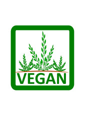icon bestehend aus einem grünen rahmen, einem schriftzug"VEGAN" und abstrakten pflanzen 