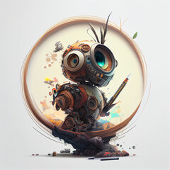 Little cute robot in a circle with a brush in his hands, graphic