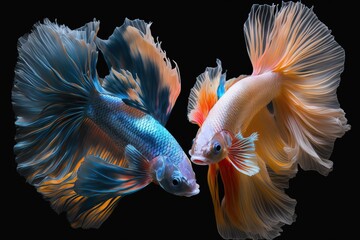 Fototapeta premium Bettas glowing, black background, concept of Reflection and Contrast, created with Generative AI technology