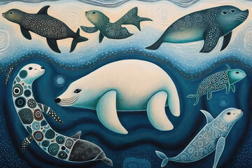 Polar bear and seals in wild artic painted illustration