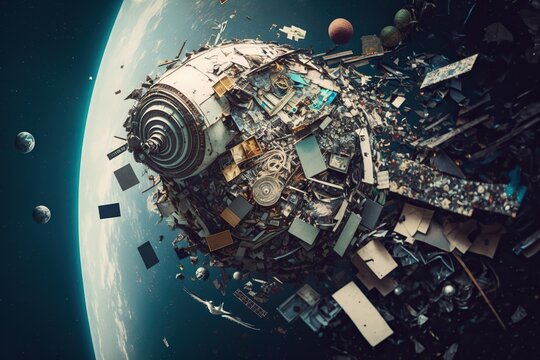 Birds Eye View Of A Space Junk Graveyard Showing Numerous Pieces Of Defunct Satellites And Other Space Debris, Concept Of Orbital Debris And Satellite Remains, Created With Generative AI Technology