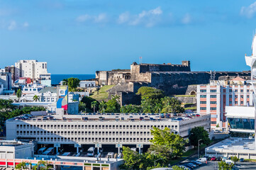 A view from the port towards the centre of San Juan, Puerto Rico on a bright sunny day