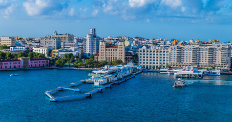 A view along the port of San Juan, Puerto Rico on a bright sunny day