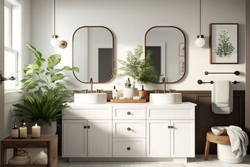 Bathroom with vanity with themes of nature and self care, made using generative ai