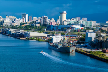 A view from the port towards the commercial dock of San Juan, Puerto Rico on a bright sunny day