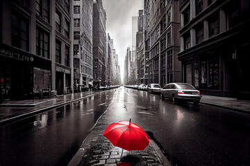 Retro Bild mit Colorkey-Effekt: Schwarz weiß Foto einer Altstadt mit roten Regenschirm - Generative Ai