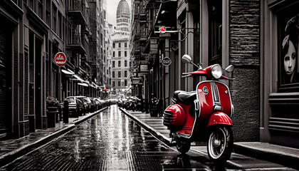 Retro Bild mit Colorkey-Effekt: Schwarz weiß Foto einer Altstadt mit roten retro Roller - Generative Ai - obrazy, fototapety, plakaty