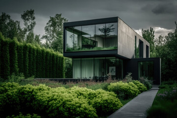 Fototapeta premium beautiful modern house green landscape design. Illustration Generative AI