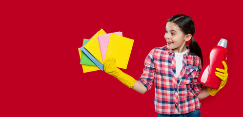 girl with softener detergent on background, banner. photo of girl with softener detergent.