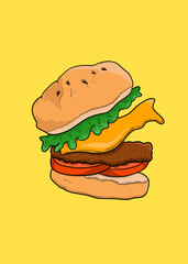Shaky tasty burger cartoon vector illustration