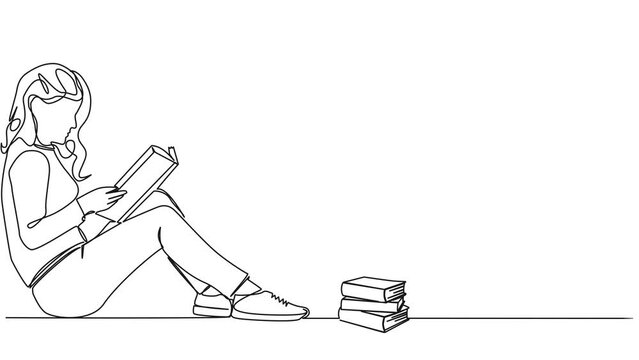 animated continuous single line drawing of woman sitting on floor reading a book, line art animation
