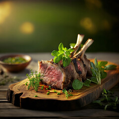 Delicous lamb chops with rosemary on a wooden board with nice backdrop and bokeh effect. Fresh Farmfood directly to your table. AI Generated Art.