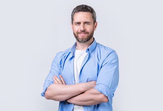 cheerful caucasian man in casual style isolated on grey background. caucasian casual man