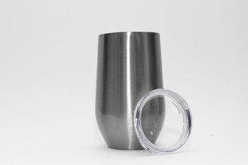 Plain grey stainless steel tumbler mug with the cap. Free template for product branding mockup 