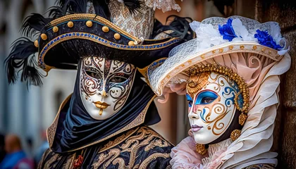 Deurstickers Elegant people in masquerade carnival mask at Venice Carnival. Beautiful women and men wearing venetian mask. digital ai art  © Viks_jin