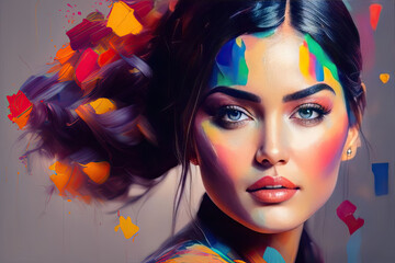 Colorful Portrait of Beautiful Woman in Splash Paint with Black Hair and Blue Eyes, created with Generative AI technology