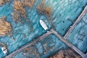 Lake Balaton aeriel view with boat at winter