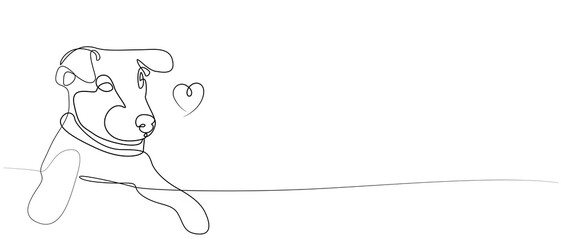 Linear drawing of a dog. Puppy and heart, vector illustration, line art. Dog - friend of human