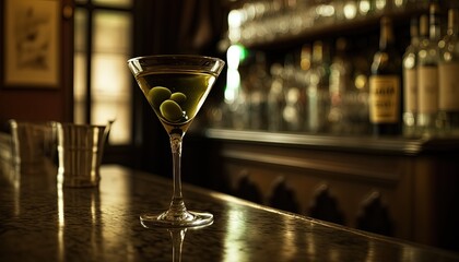 close up a glass of Martini cocktail at vintage bar bokeh light, Generative Ai