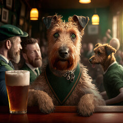 Irish Terrier Celebrating Saint Patrick's Day At An Irish Bar, Beer Mug, Generative AI - obrazy, fototapety, plakaty