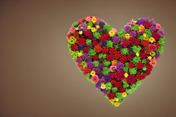 Heart of colored flowers on a brown background. Ideal for Valentine's Day or Mother's Day. Generative Ai