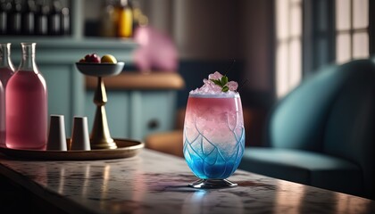 close up a glass of pink blue cocktail at vintage bar bokeh light, Generative Ai