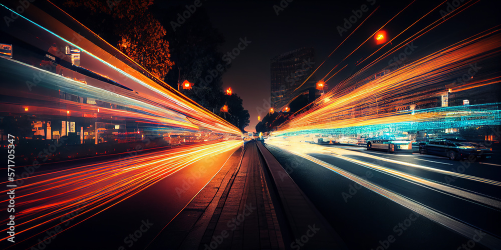 Wall mural abstract long exposure dynamic speed light trails in an urban environment. generative ai