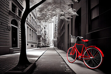 Retro Bild mit Colorkey-Effekt: Schwarz weiß Foto einer Altstadt mit roten retro Fahrrad - Generative Ai