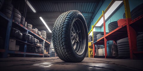 A tyre at the repair shop, service garage background, car fixing - generative ai - obrazy, fototapety, plakaty