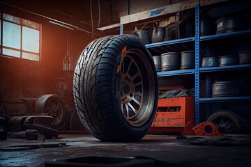 A tyre at the repair shop, service garage background, car fixing - generative ai
