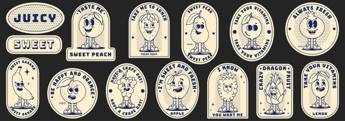Retro labels with trendy groovy fruits. Modern patches with retro cartoon characters. Healthy food, comical phrases. Nostalgia for vintage aesthetics and 80s-90s-2000s. Monochrome palette. - obrazy, fototapety, plakaty
